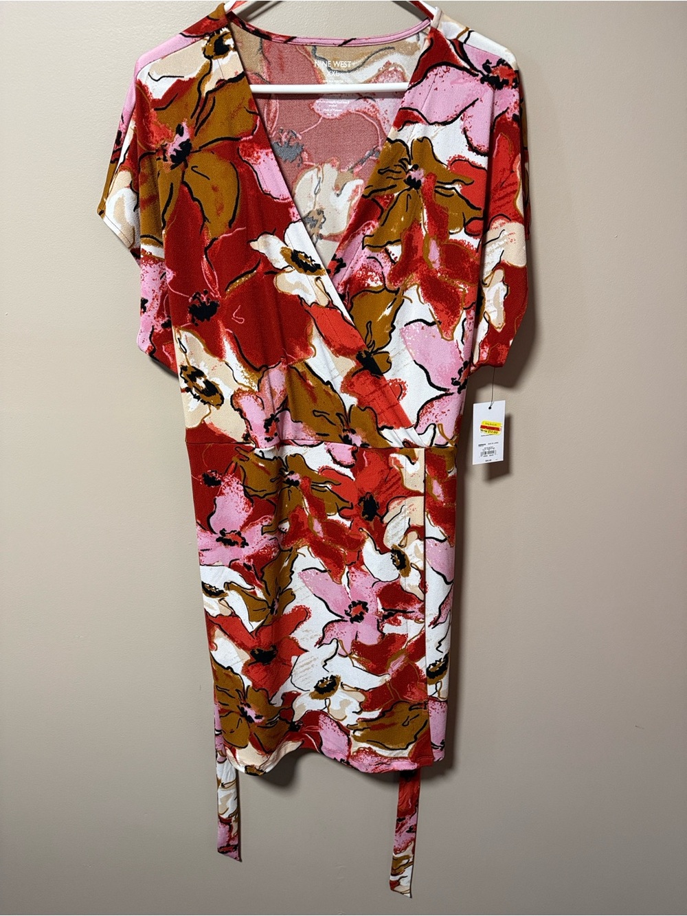 Nine West Floral Wrap Dress in Red, Pink, White, Brown